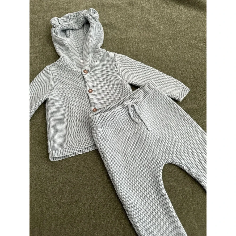 carter's Blue Knit Hooded Bear Sweater & Pants Set 18 Months 2pc Button